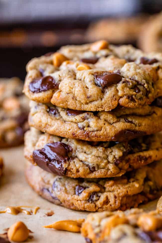 chocolate butterscotch cookies in a stack. 