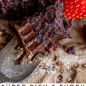 A close-up of a rich, fudgy slice of flourless chocolate cake topped with silky chocolate ganache, a fork holding a bite, and fresh strawberries on the side. Text reads: Flourless Chocolate Cake with Chocolate Ganache.