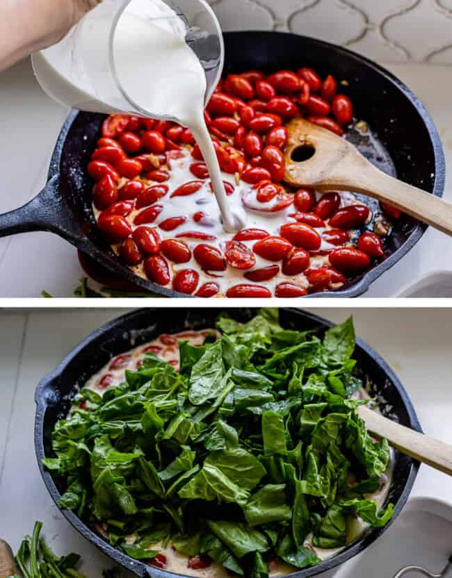 cream being poured over cherry tomatoes and spinach in a skillet with a spoon.