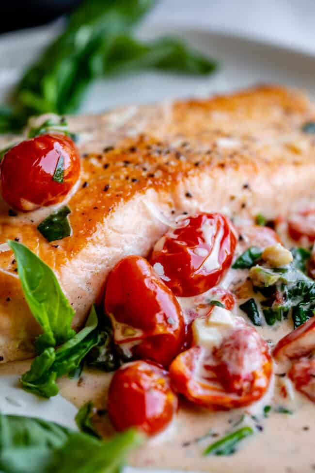 side view of creamy tuscan salmon with cherry tomatoes and fresh basil.