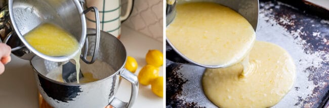 pouring melted butter into cake batter; pouring cake batter onto a sheet pan. 