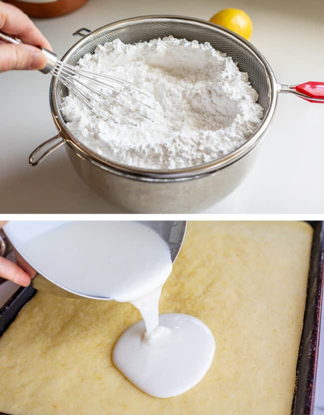 sifting powdered sugar, pouring glaze on a lemon sheet cake.