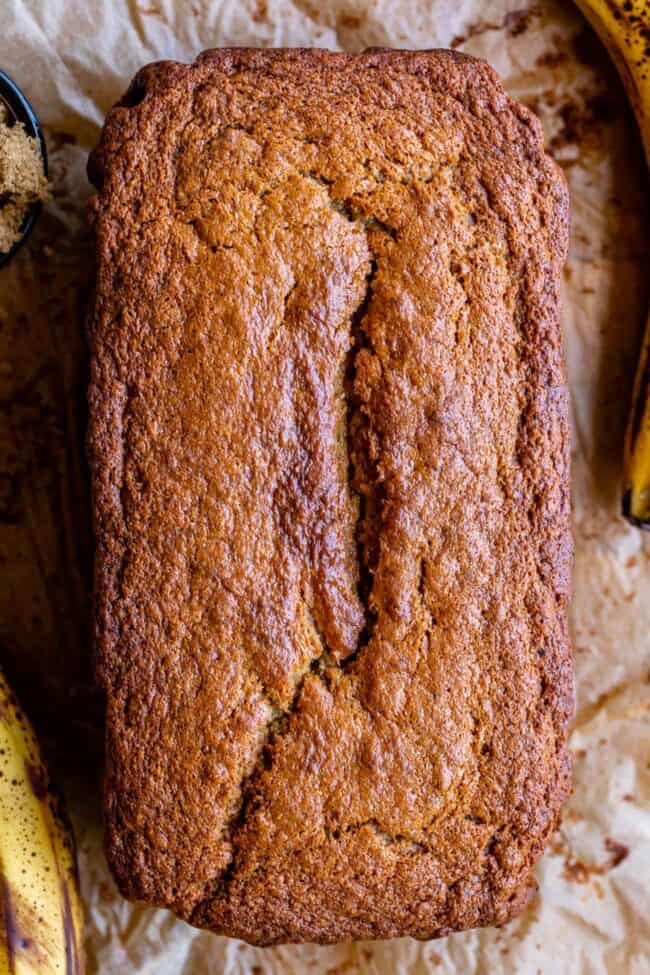 banana bread recipe showing final cooked loaf, uncut