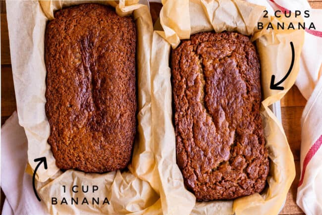 overhead shot of two loaves of banana bread comparing the number of bananas used in each.