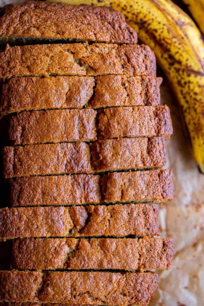 banana nut bread shown cut into slices.