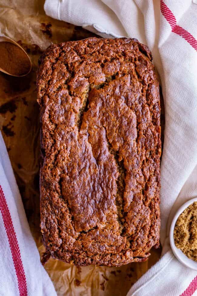 overhead shot of banana bread.