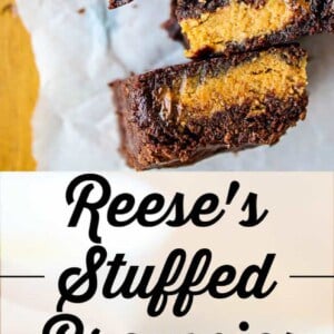 Three thick reese's brownies with a creamy peanut butter filling are shown on parchment paper. A close-up highlights the rich, fudgy texture inside. Text in the center reads, Reeses Stuffed Brownies.