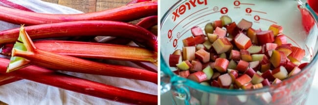 preparing rhubarb stalks and chopped rhubarb for rhubarb dream bars