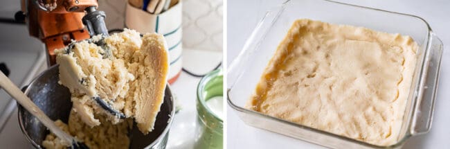 dough on a hook and dough pressed into a glass pan showing how to make shortbread pastry