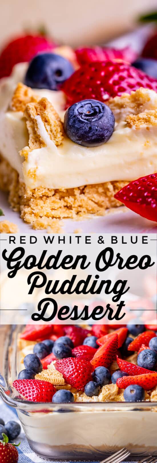 vanilla pudding dessert with golden oreos