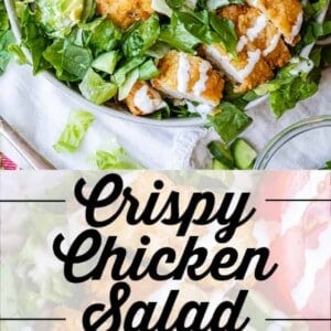 A bowl of crispy chicken salad with lettuce, tomato, avocado, and buttermilk ranch dressing. Close-up views show golden fried chicken drizzled with ranch over fresh greens. Text reads: “Crispy Chicken Salad with Buttermilk Ranch.”.