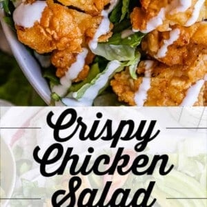 A bowl of crispy chicken salad topped with fried chicken strips, fresh avocado, tomatoes, and drizzled with buttermilk ranch dressing; text overlay reads “Crispy Chicken Salad with Buttermilk Ranch.”.