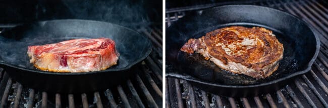 boneless ribeye steak searing in a pan on the grill.