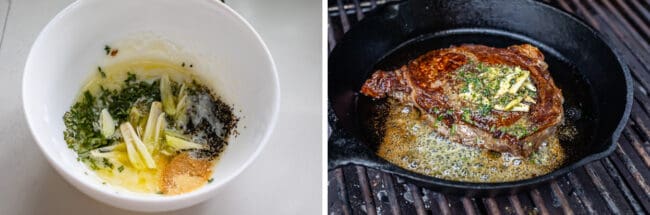 garlic butter in a bowl and cooking a ribeye steak on the grill.
