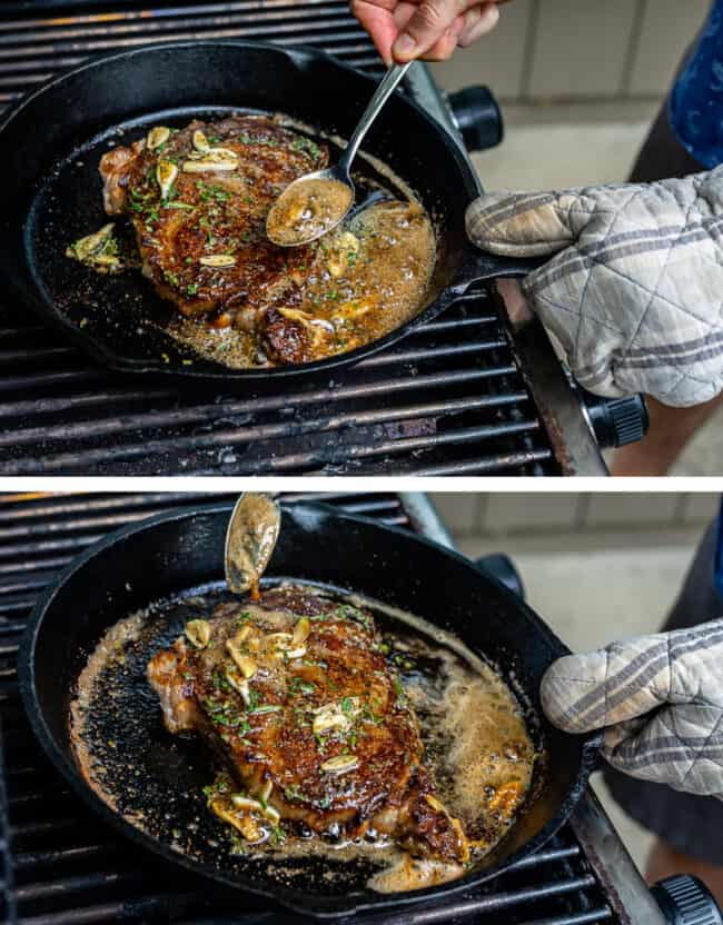 pan fried ribeye steak basted with garlic butter.