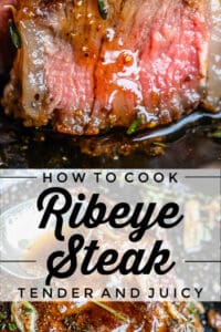 ribeye steak cut into a close up slice, leaking juices