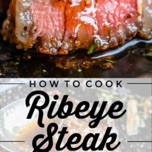 ribeye steak cut into a close up slice, leaking juices