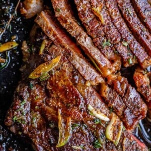 overhead shot of slices of rib eye steak recipe