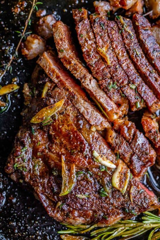 overhead shot of slices of rib eye steak recipe