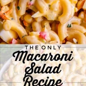 Close-up of creamy macaroni salad with elbow pasta, red peppers, and herbs, served in a white bowl with a fork. Overlaid text reads, The only macaroni salad you need. Perfect for fans of a classic macaroni salad recipe.