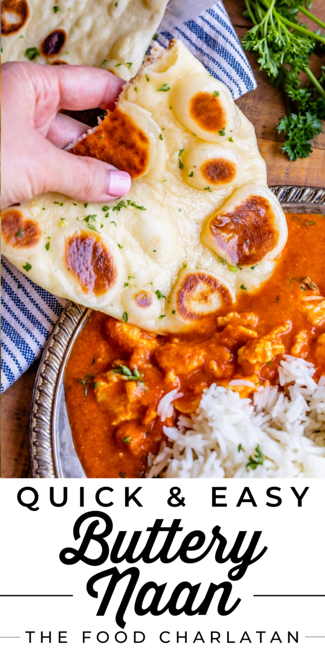 dipping homemade naan into chicken tikka masala with a side of rice.
