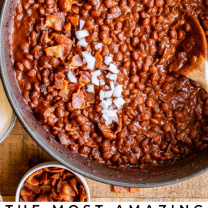 a big pot of santa maria pinquito beans with chopped onion.
