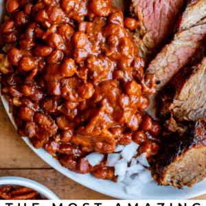 A hearty plate of savory beans and tender meat, perfect for a comforting meal.