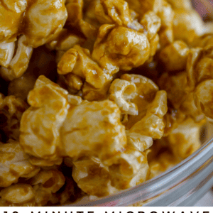 Close-up of glossy Caramel Popcorn pieces. Text below reads “10-Minute Microwave Caramel Popcorn” and “The Food Charlatan.”.
