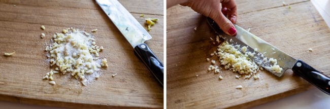 using a chef's knife to crush salt into minced garlic