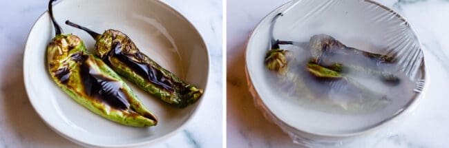 roasted Anaheim peppers steaming in a bowl with plastic wrap.