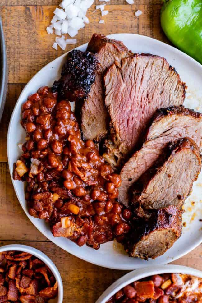 santa maria pinquito beans with tri tip on a plate