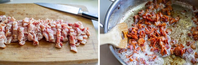 chopping and cooking bacon for pinquito beans.