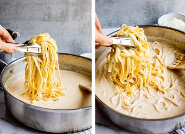 adding pasta in increments to fettuccine Alfredo.