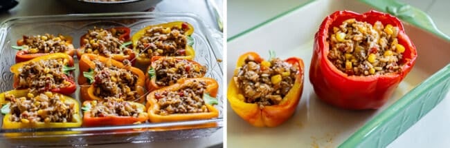 raw peppers full of meat in a pan showing how to make stuffed peppers