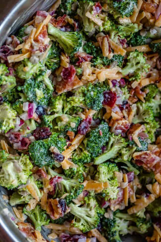 broccoli salad recipe with bacon in a bowl from overhead