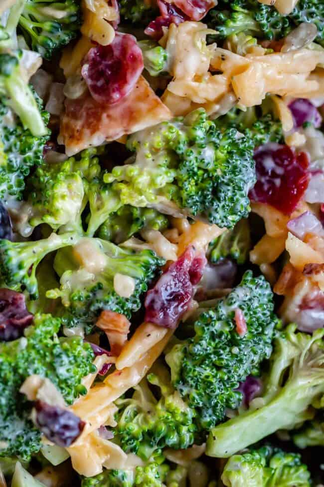 close up picture of broccoli salad with cranberry, cheese, bacon