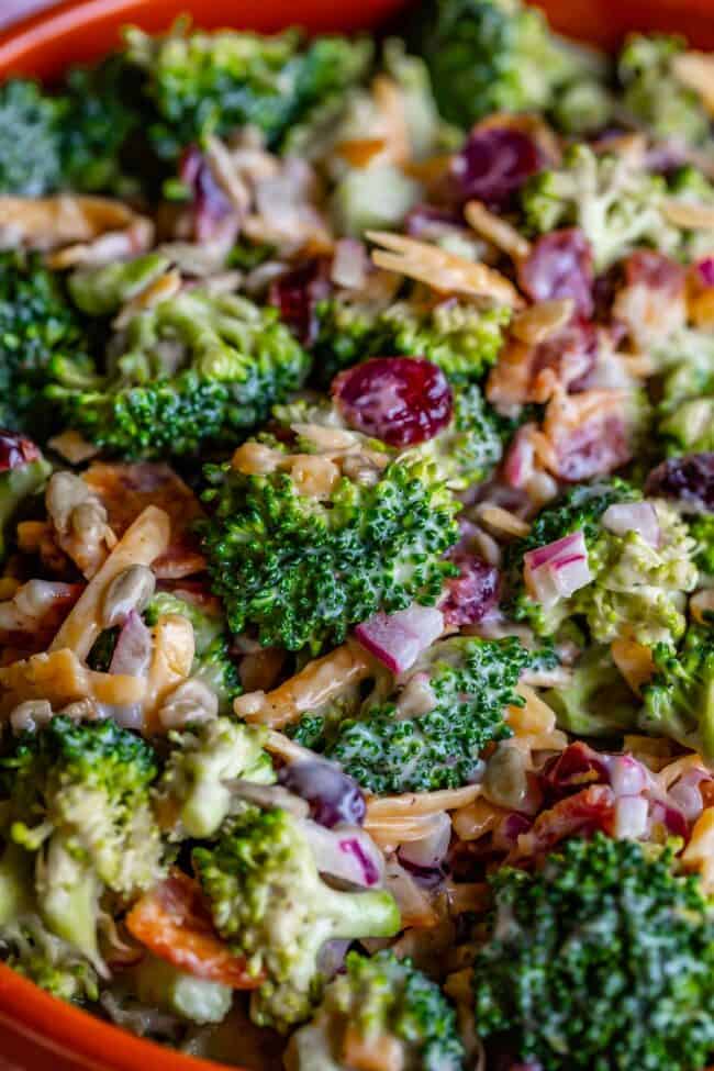 broccoli salad recipe with bacon in an orange bowl