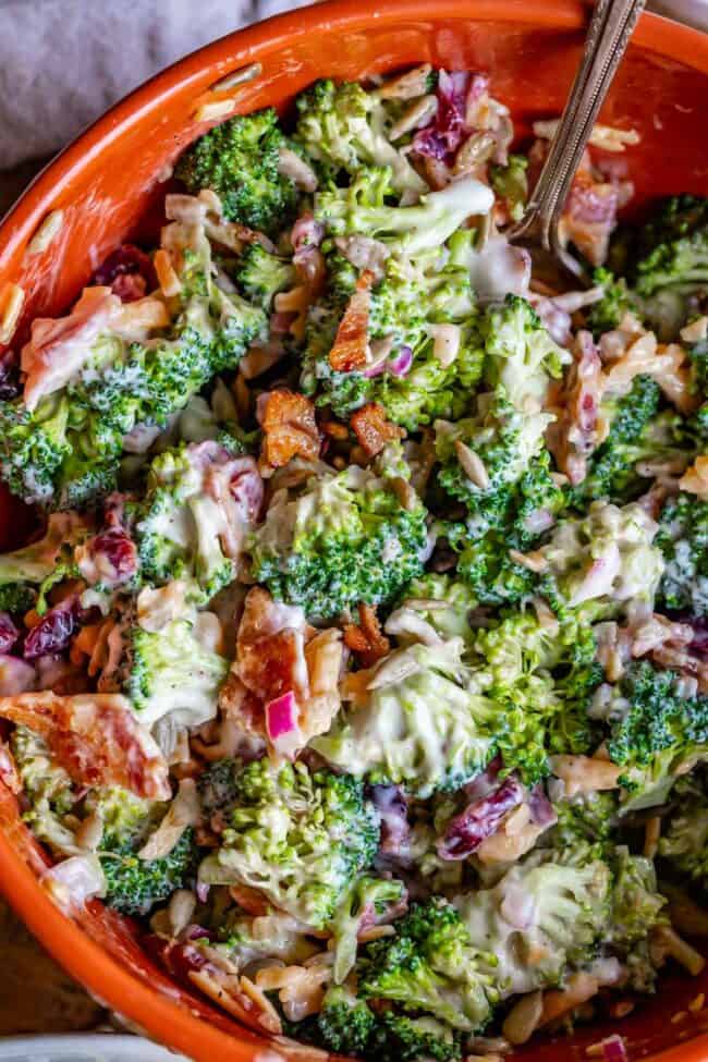 best broccoli salad recipe in an orange bowl