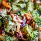 close up picture of spoonful of broccoli bacon salad with cranberry