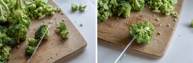 broccoli on cutting board, cutting into florets