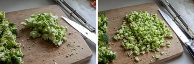 chopping broccoli stems to add to broccoli salad