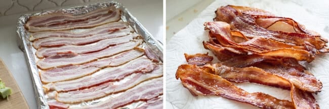 raw bacon on a sheet pan, cooked bacon on a paper towel