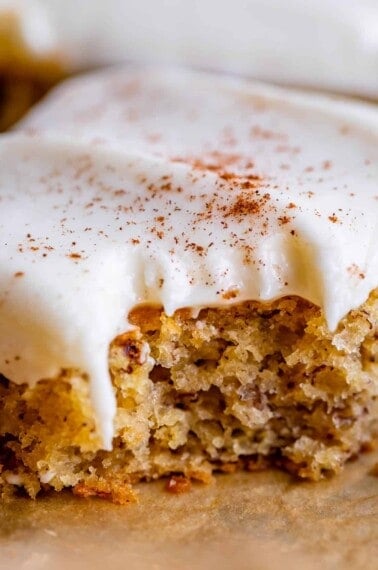 easy banana cake, close up shot with bite taken out
