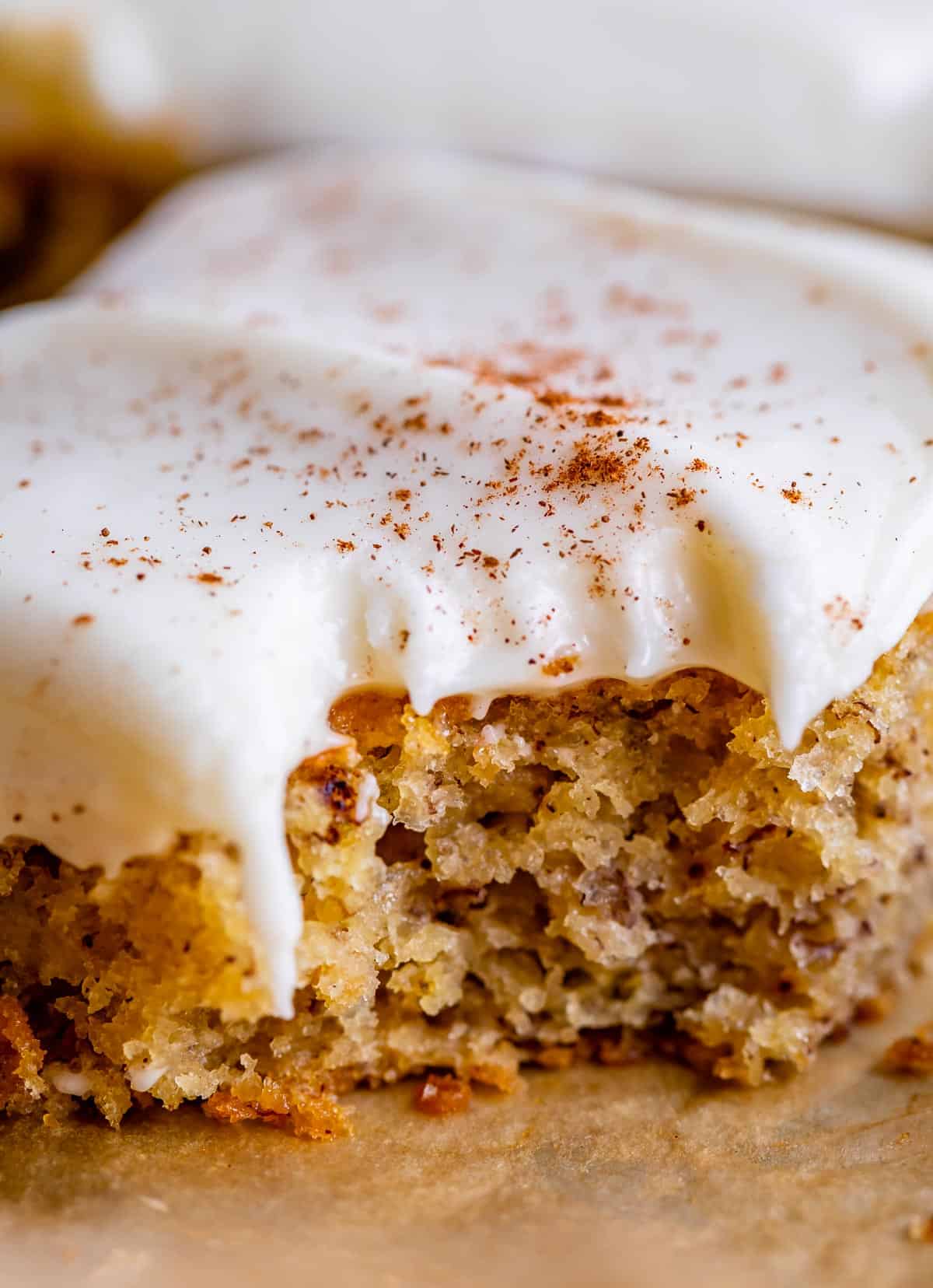 easy banana cake, close up shot with bite taken out