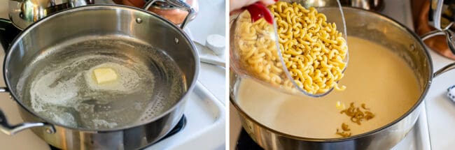 melting butter in a skillet, adding dry elbow macaroni to creamy cheesy sauce.