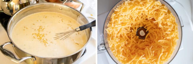 cheese sauce for macaroni and cheese; food processor full of shredded cheddar cheese.