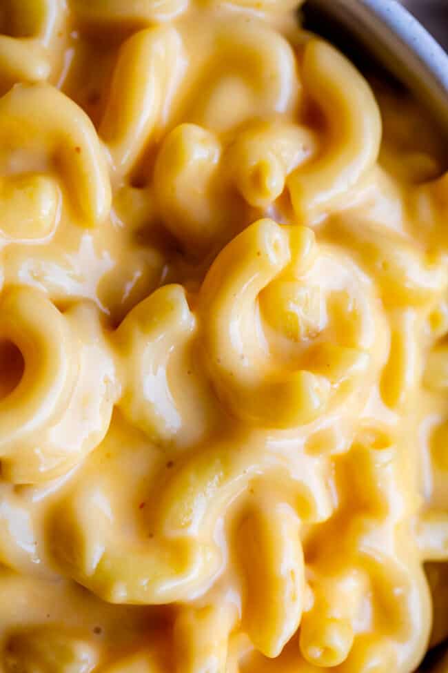 a close up picture of creamy mac and cheese.