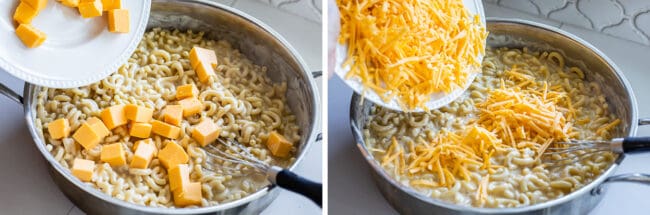 adding Velveeta to a pan of cooked elbow macaroni; adding shredded cheddar to the same pot.