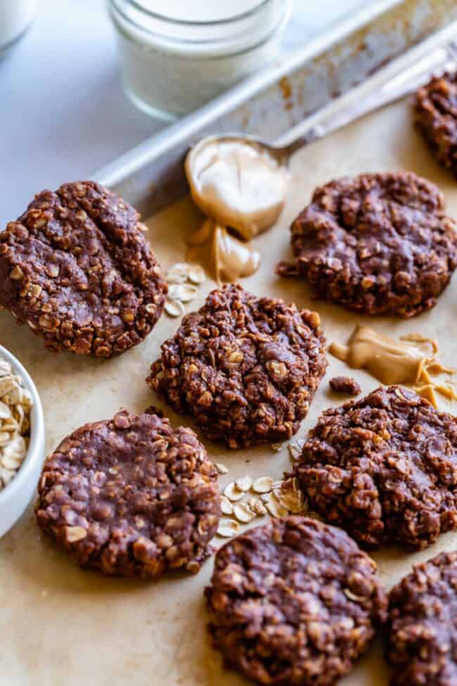 classic no bake cookies on a baking sheet with oats and peanut butter