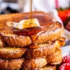 French toast recipe, stacked with a syrup drizzle